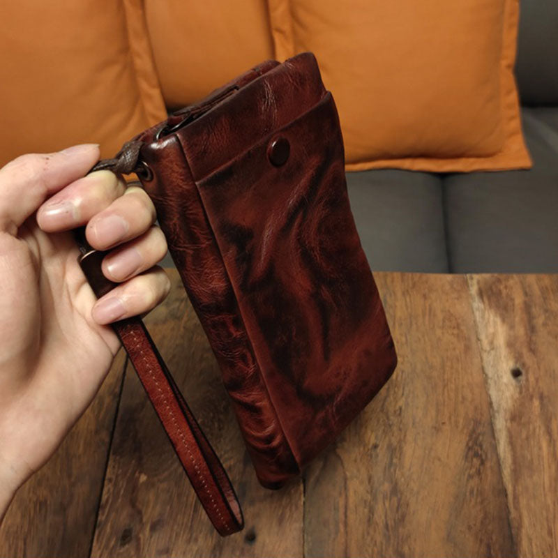 Retro Handmade Leather Long Purse Card Holder Mobile Phone Bag