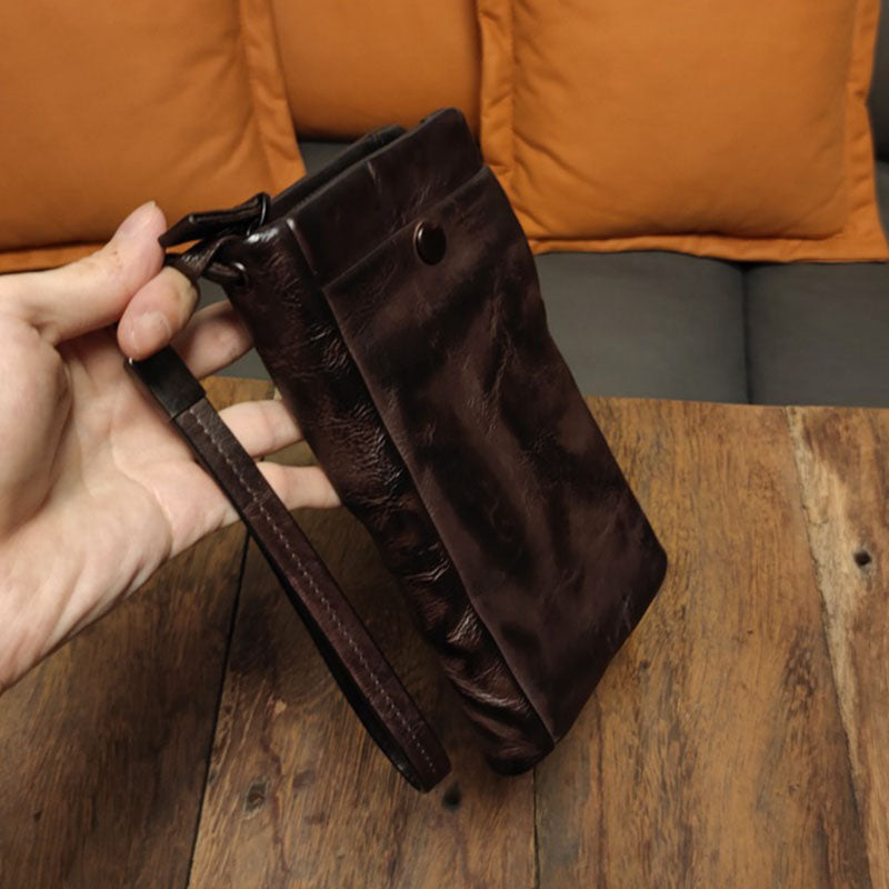 Retro Handmade Leather Long Purse Card Holder Mobile Phone Bag