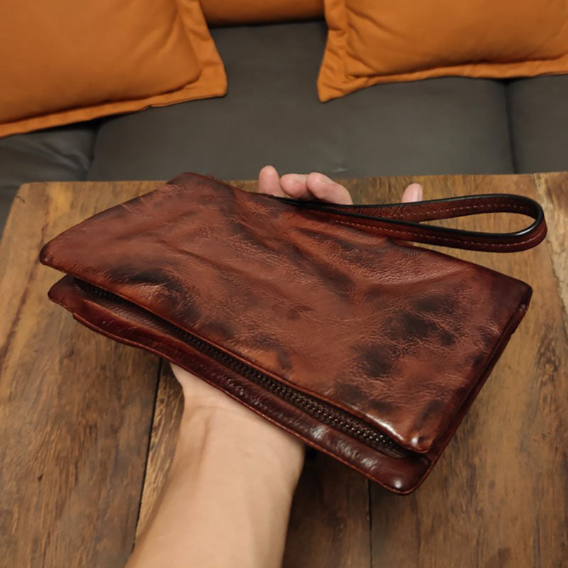 Retro Handmade Leather Long Purse Card Holder Mobile Phone Bag