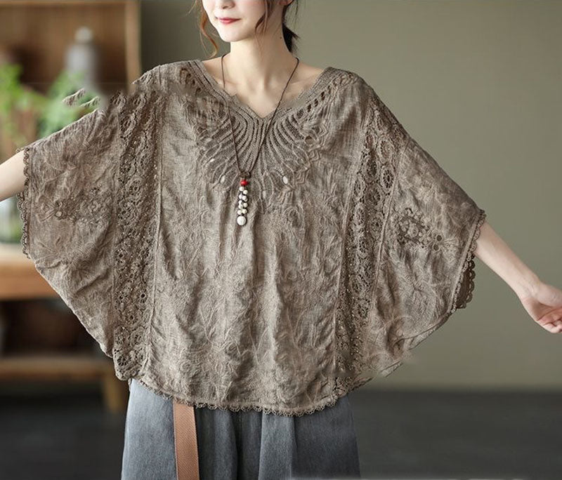 Hollow-out Hook Flower Bat Sleeve Tops