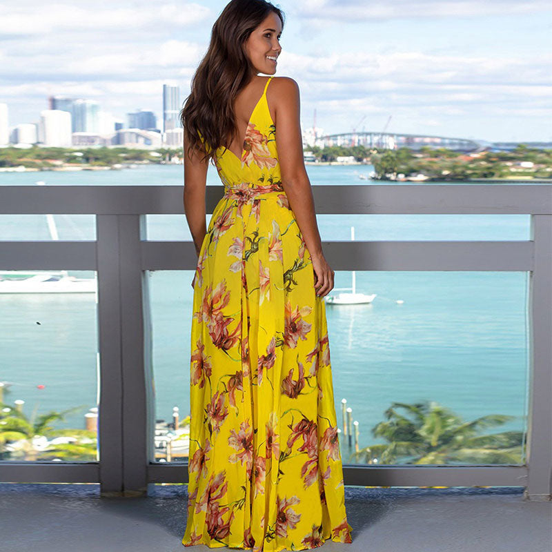 Printed Sexy V-neck Holiday Beach Sling Dresses