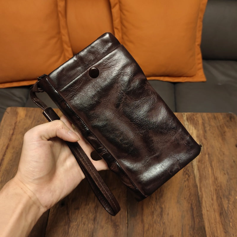 Retro Handmade Leather Long Purse Card Holder Mobile Phone Bag