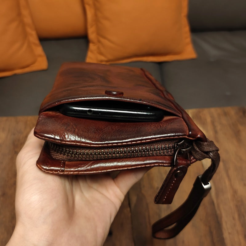 Retro Handmade Leather Long Purse Card Holder Mobile Phone Bag