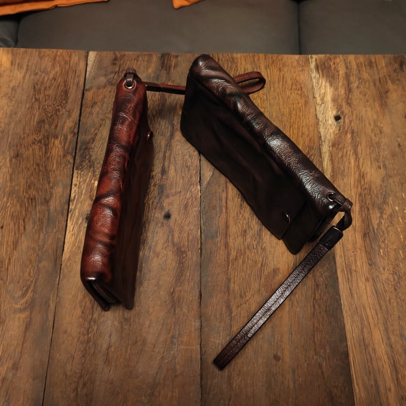 Retro Handmade Leather Long Purse Card Holder Mobile Phone Bag
