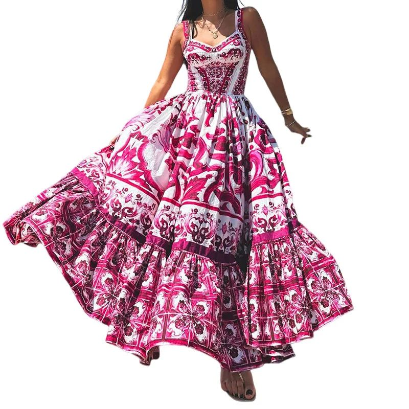 New Women's Bohemian Printed Suspender High Waist Large Swing Dress