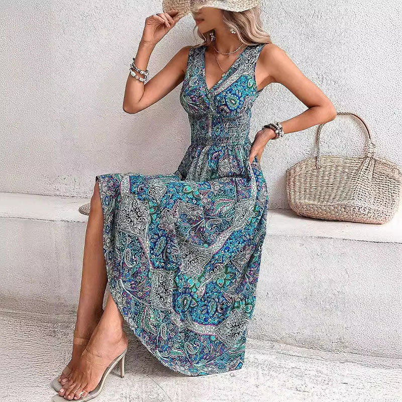Vintage Bohemian Printed V-neck High Waisted Dress