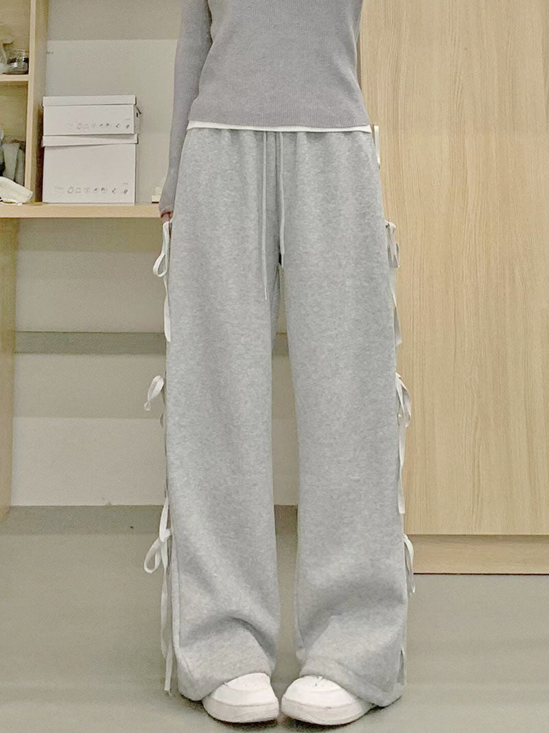 Retro Bow Tie Straight Sweatpants Women's Spring Loose Casual Wide Leg Pants