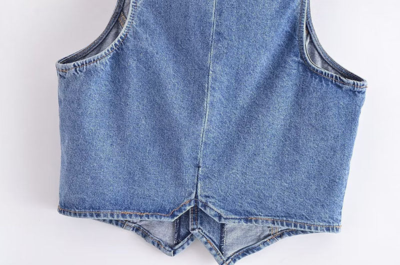 Summer Pocket V-neck Short Denim Vest