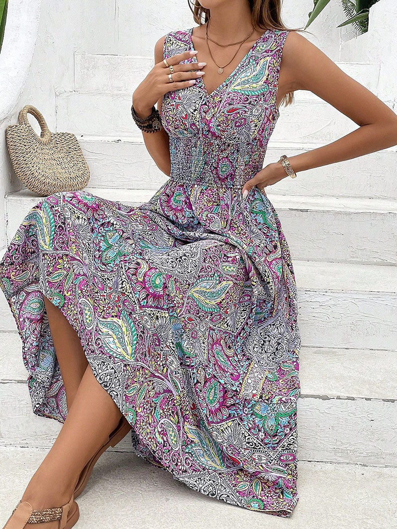 Vintage Bohemian Printed V-neck High Waisted Dress