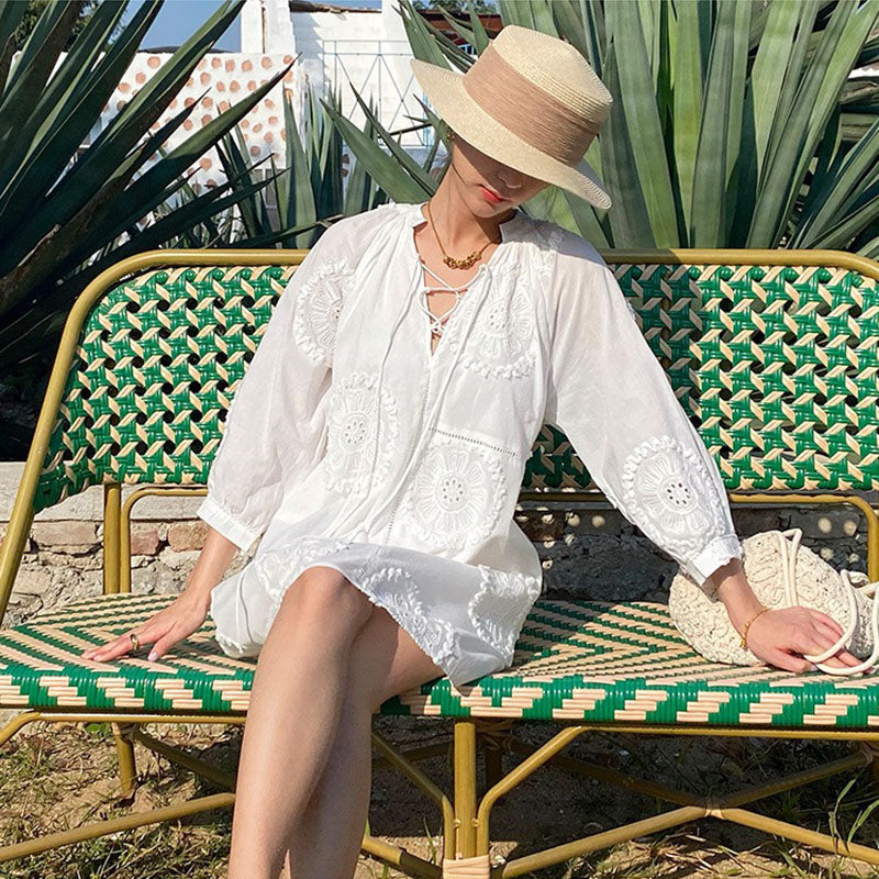 Summer V-neck White A-line Holiday Dress