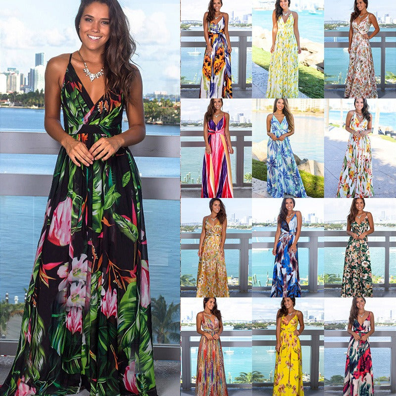 Printed Sexy V-neck Holiday Beach Sling Dresses