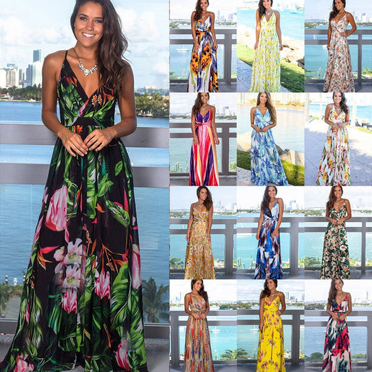 Printed Sexy V-neck Holiday Beach Sling Dresses