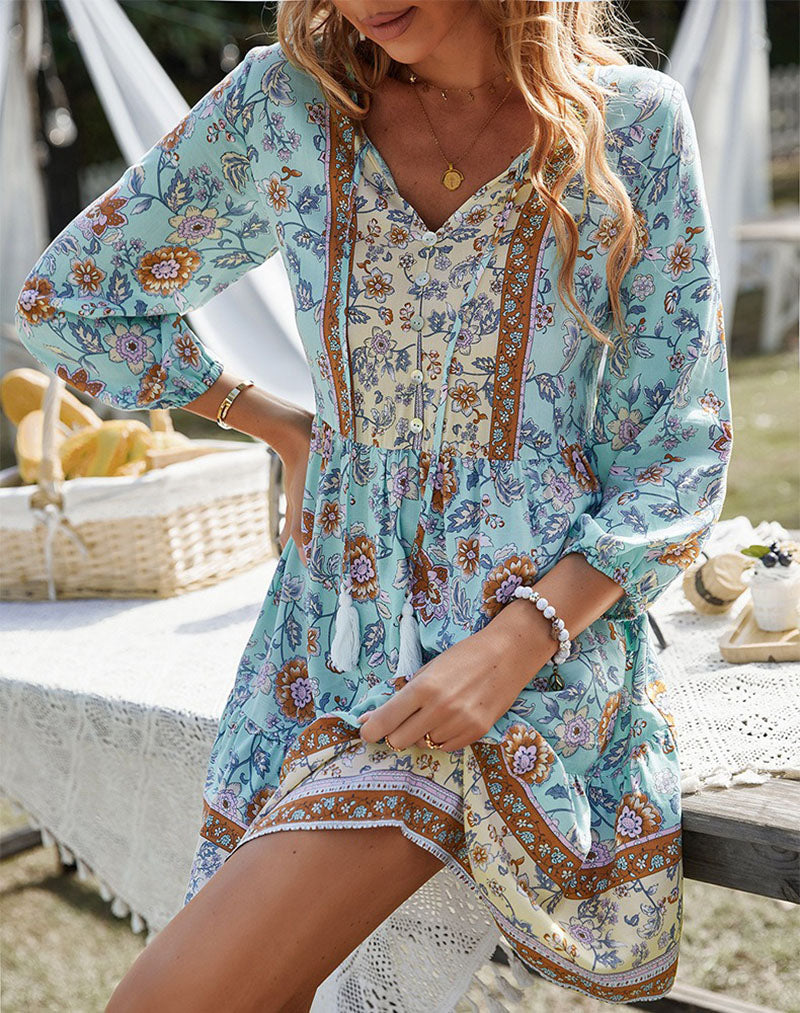 Casual Bohemian V-neck A-line Holiday Style Floral Dresses