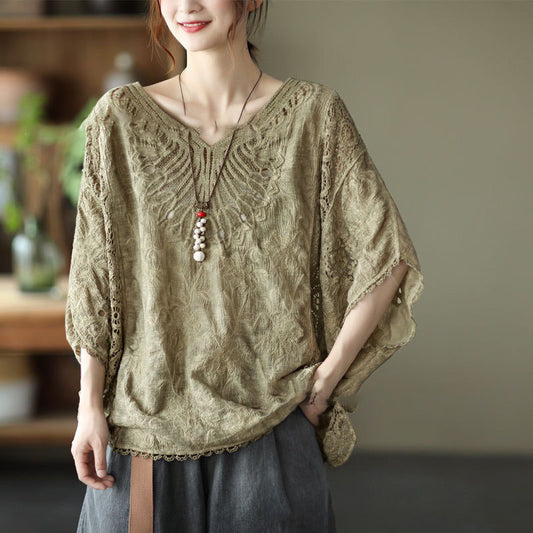 Hollow-out Hook Flower Bat Sleeve Tops