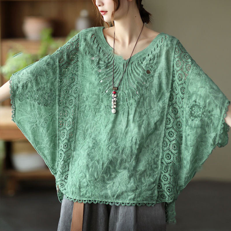Hollow-out Hook Flower Bat Sleeve Tops