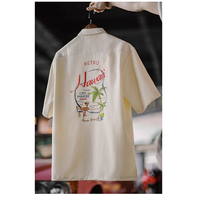 Retro Embroidered Short Sleeved Cuban Collar Casual Shirt