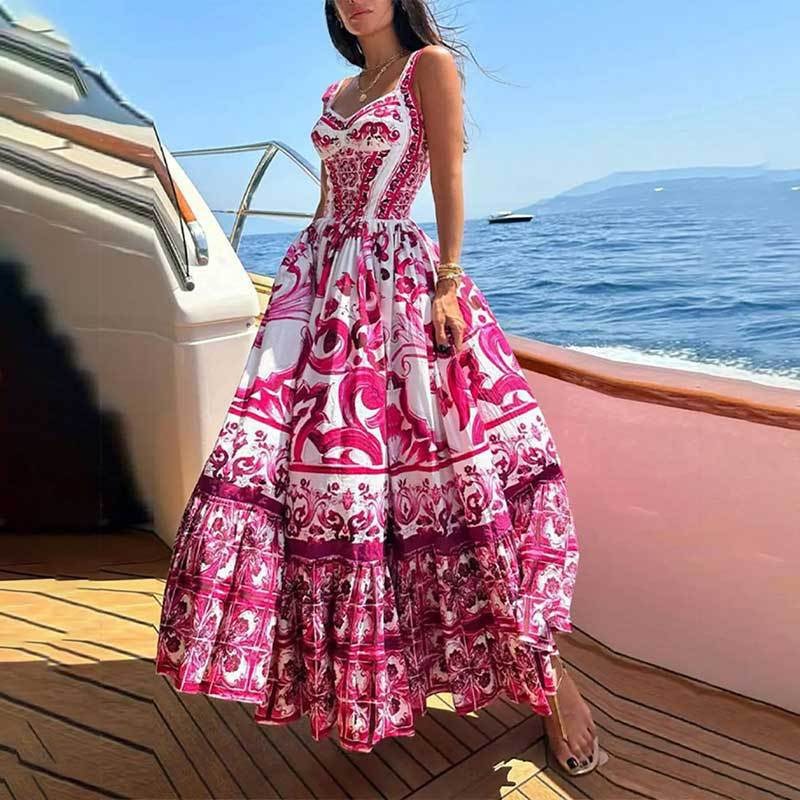 New Women's Bohemian Printed Suspender High Waist Large Swing Dress