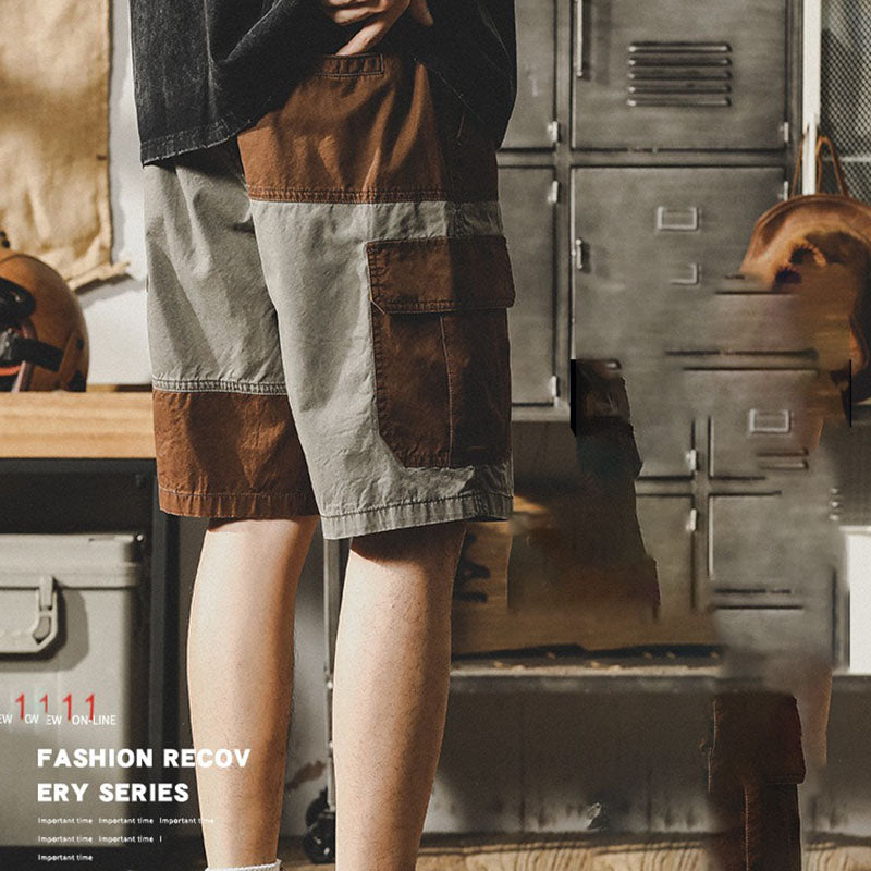 Retro Contrasting Workwear Shorts Casual Outdoor Half Pants