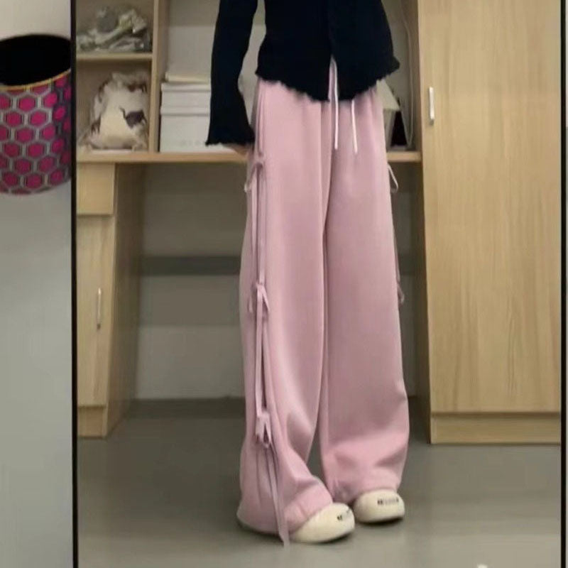 Retro Bow Tie Straight Sweatpants Women's Spring Loose Casual Wide Leg Pants