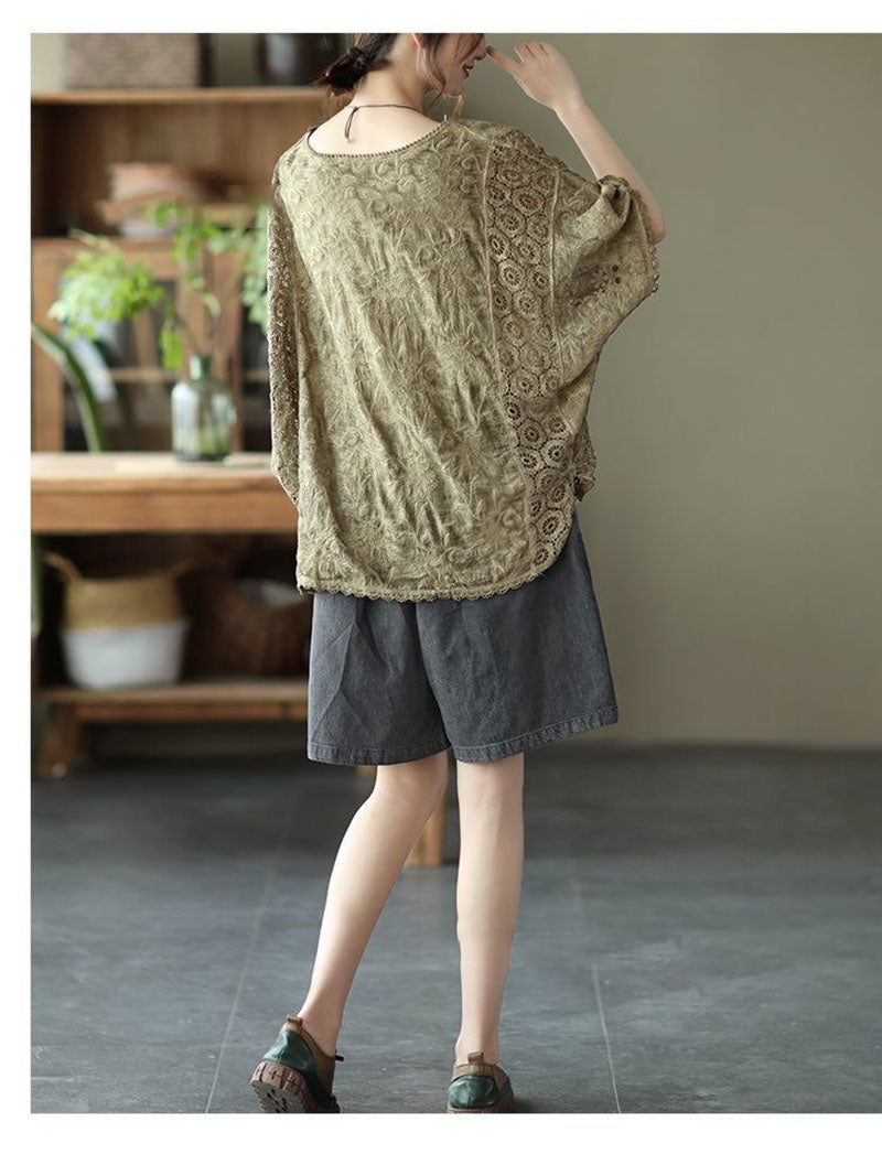 Hollow-out Hook Flower Bat Sleeve Tops