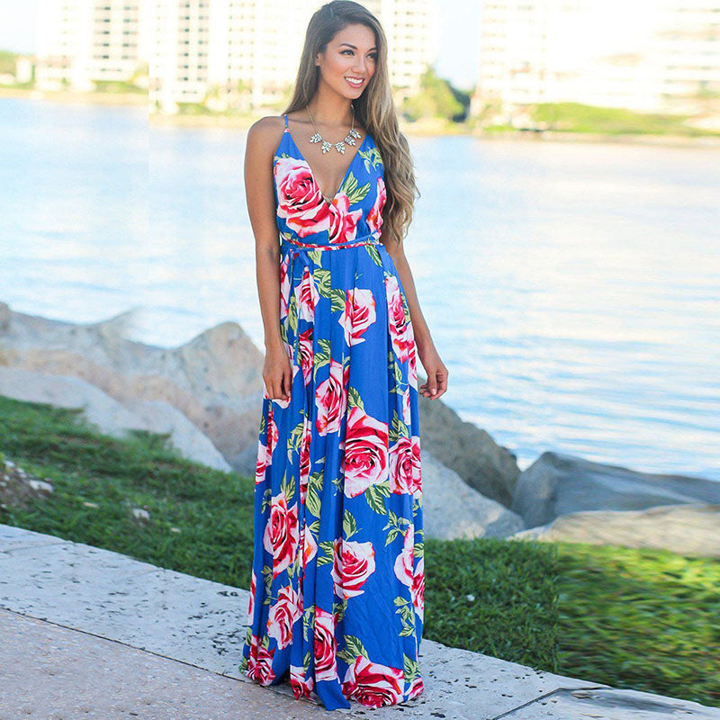 Printed Sexy V-neck Holiday Beach Sling Dresses