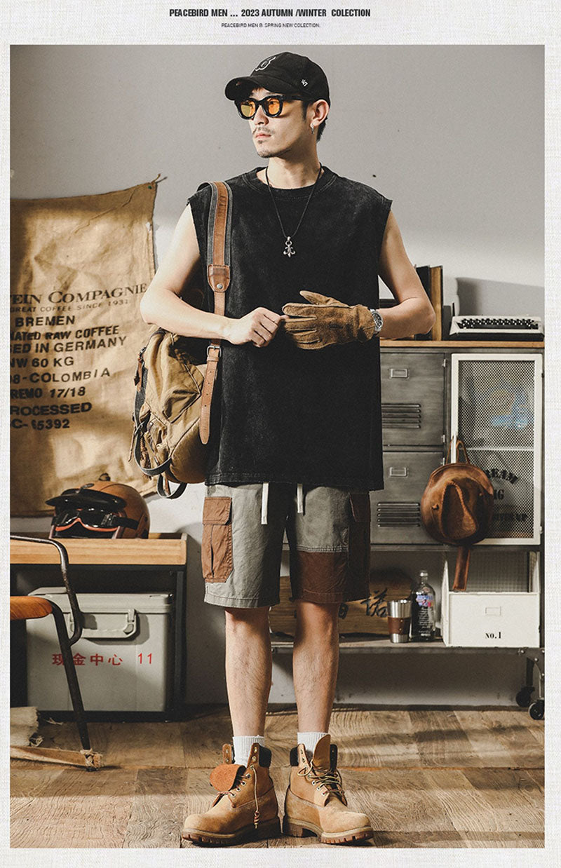 Retro Contrasting Workwear Shorts Casual Outdoor Half Pants