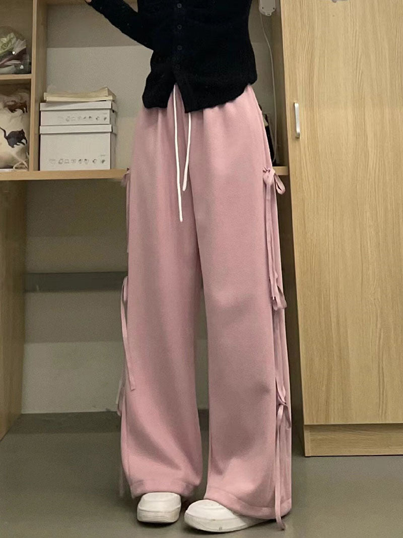 Retro Bow Tie Straight Sweatpants Women's Spring Loose Casual Wide Leg Pants