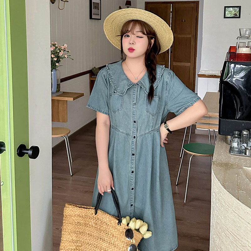 Retro Summer Doll Collar Denim Dress Women High-Waist A-line Skirt