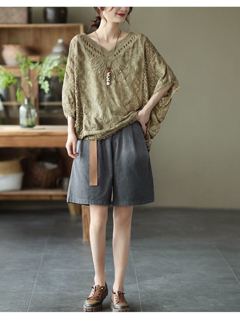 Hollow-out Hook Flower Bat Sleeve Tops