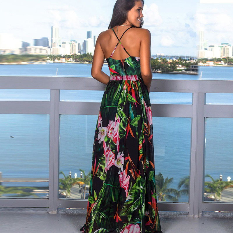 Printed Sexy V-neck Holiday Beach Sling Dresses