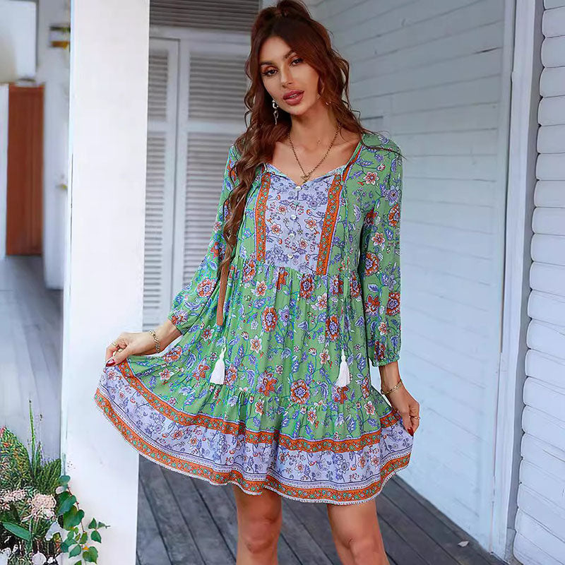 Casual Bohemian V-neck A-line Holiday Style Floral Dresses
