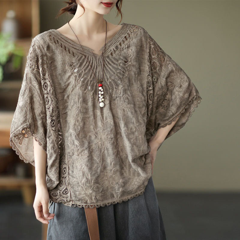 Hollow-out Hook Flower Bat Sleeve Tops