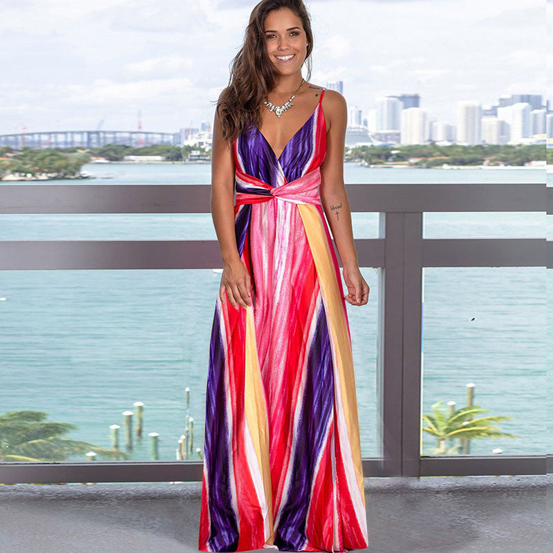Printed Sexy V-neck Holiday Beach Sling Dresses