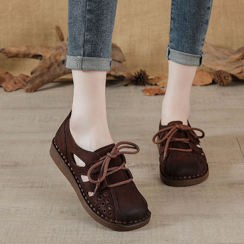 Retro Genuine Leather Soft Sole Hollow Wide-foot Sandals