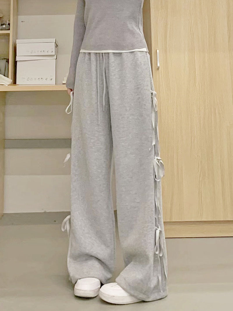 Retro Bow Tie Straight Sweatpants Women's Spring Loose Casual Wide Leg Pants