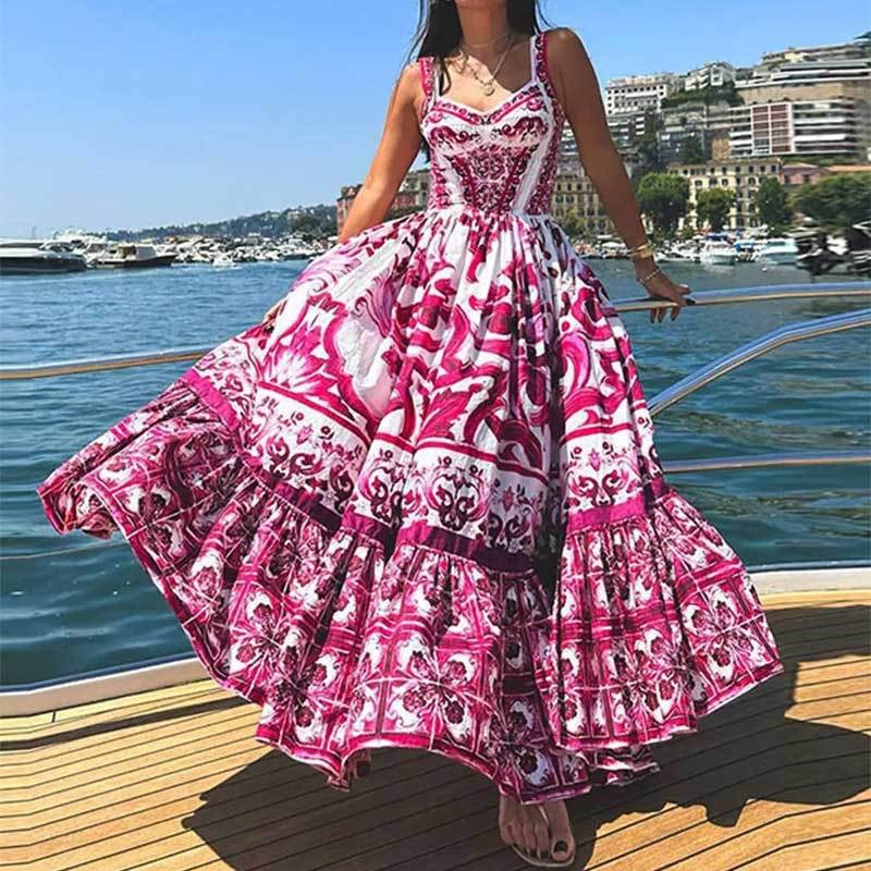 New Women's Bohemian Printed Suspender High Waist Large Swing Dress