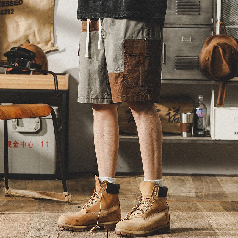 Retro Contrasting Workwear Shorts Casual Outdoor Half Pants