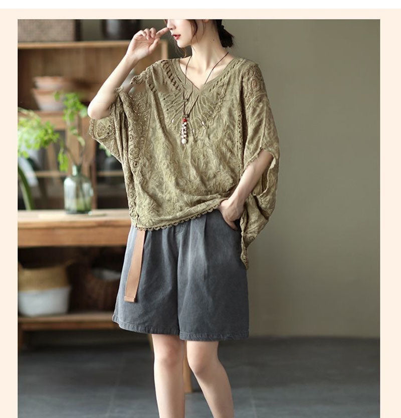 Hollow-out Hook Flower Bat Sleeve Tops