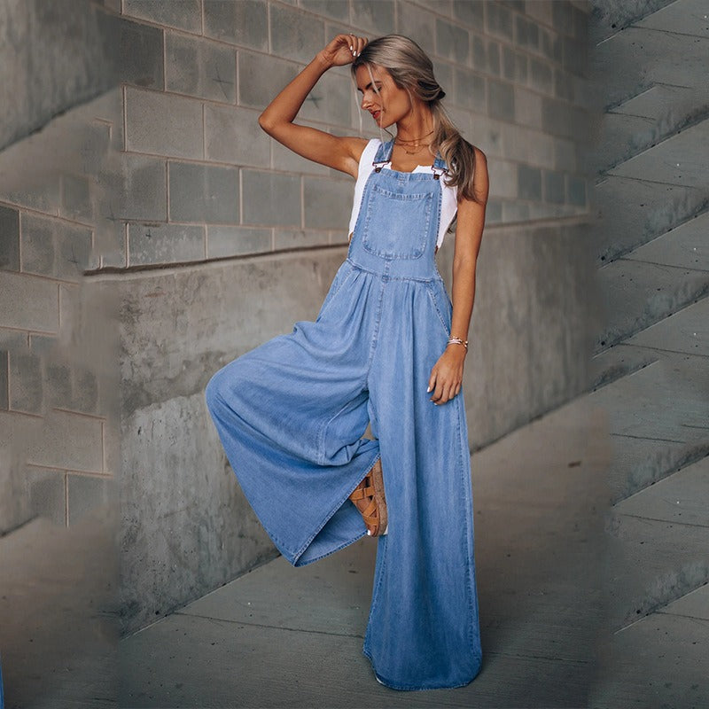 Women's Side Pocket Wide Legs Denim Overalls Jumpsuit