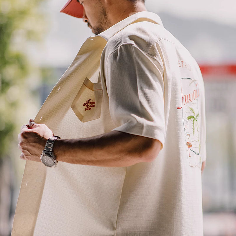 Retro Embroidered Short Sleeved Cuban Collar Casual Shirt