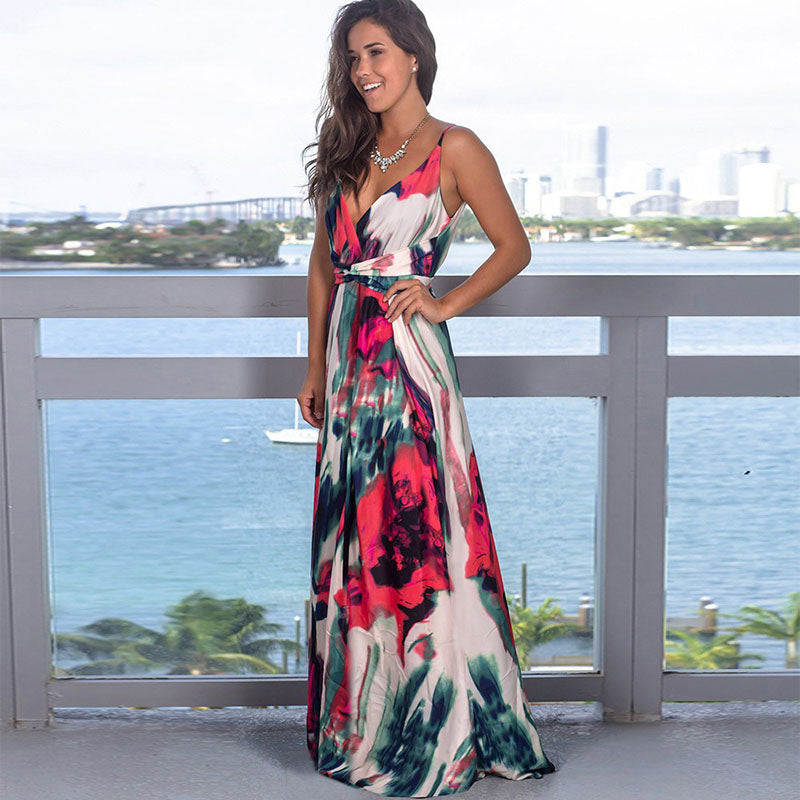 Printed Sexy V-neck Holiday Beach Sling Dresses