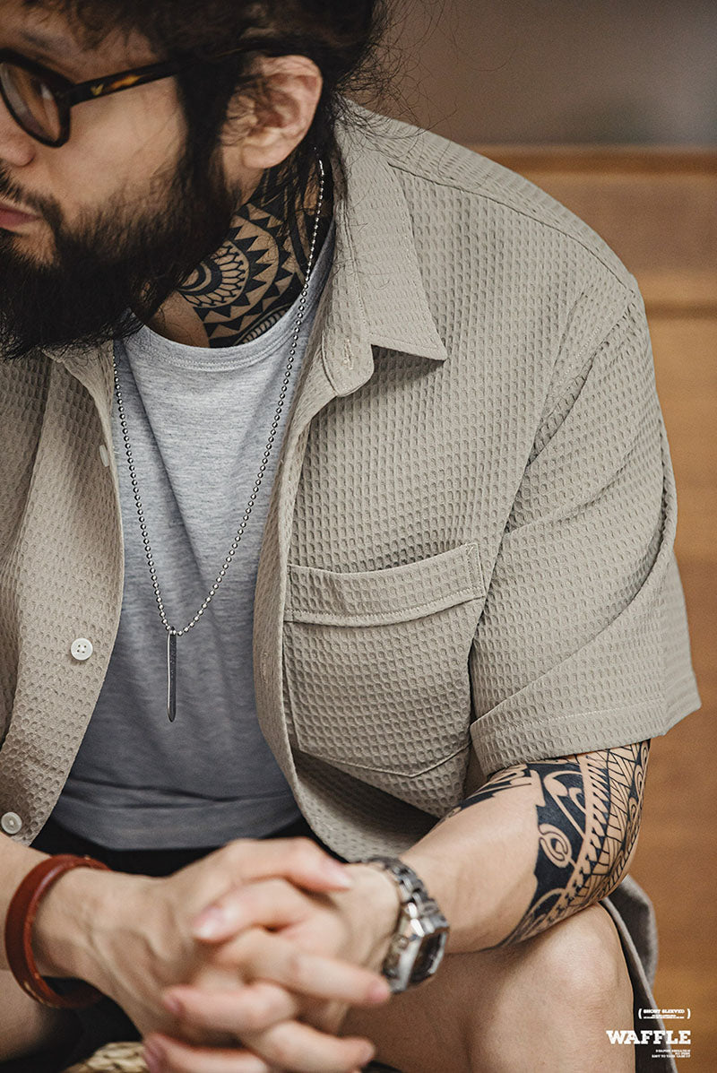 Casual Waffle Short-sleeved Shirt Wrinkle-free Breathable Shirt