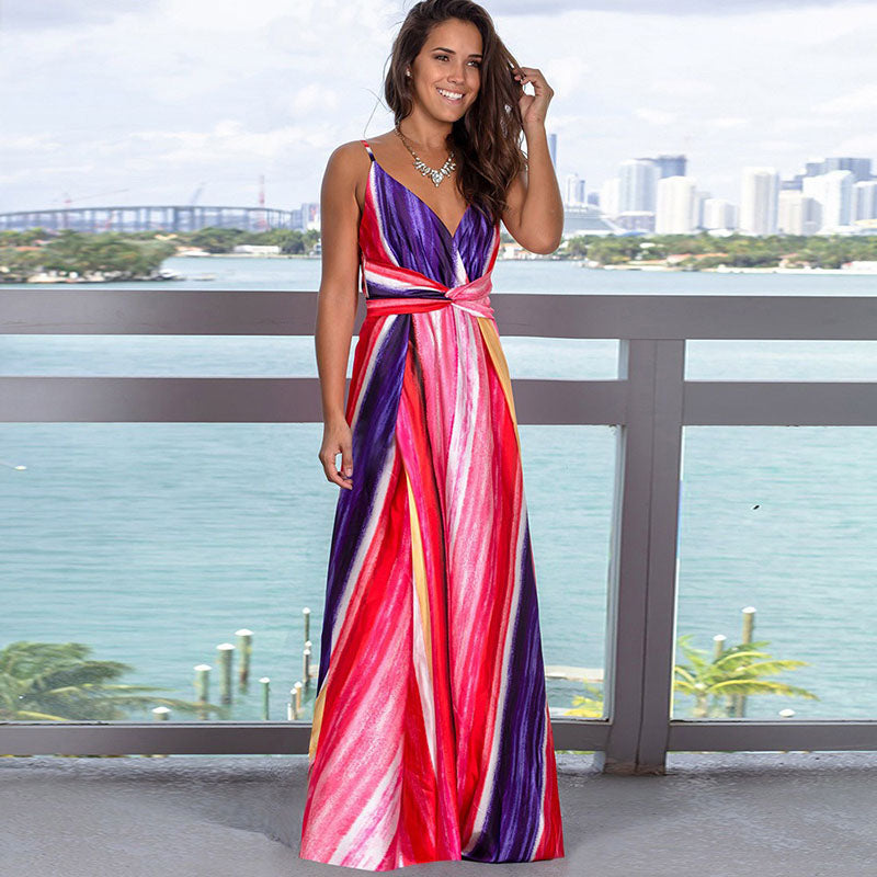 Printed Sexy V-neck Holiday Beach Sling Dresses