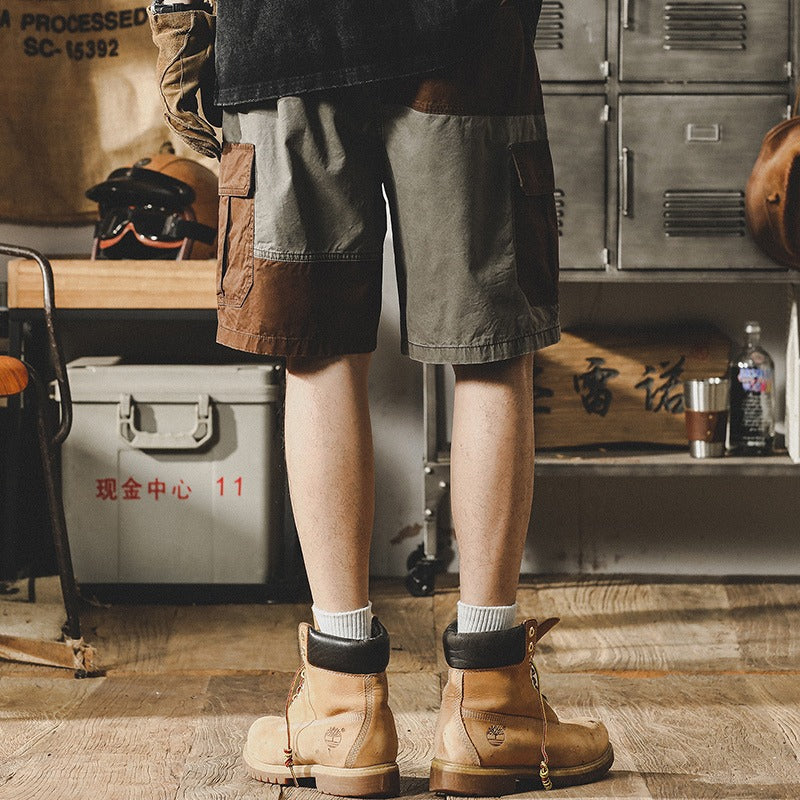 Retro Contrasting Workwear Shorts Casual Outdoor Half Pants