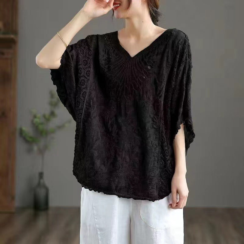 Hollow-out Hook Flower Bat Sleeve Tops