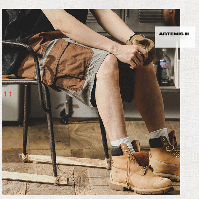 Retro Contrasting Workwear Shorts Casual Outdoor Half Pants