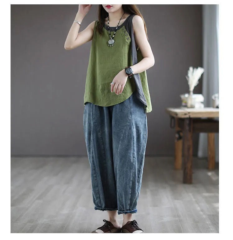 Women's New Sleeveless Tank Top Assembly Color Collision Casual T-shirt