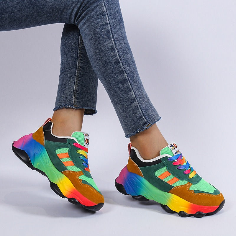 Casual Rainbow-bottom Lace-up Woven Breathable Sneakers