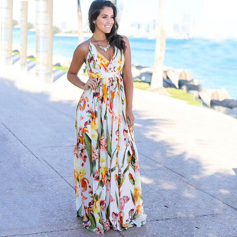 Printed Sexy V-neck Holiday Beach Sling Dresses