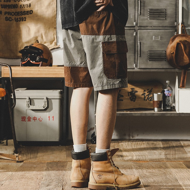Retro Contrasting Workwear Shorts Casual Outdoor Half Pants